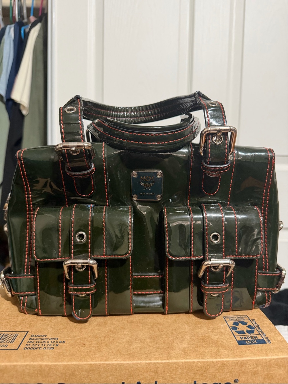 MCM Dark Green Patent Leather Boston Bag